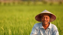 Man sitting in a green long grass field wearing a hat 